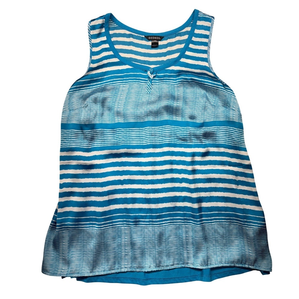 George Tank Top Women 2X Blue White Striped Henley Snap Sleeveless Mixed Media